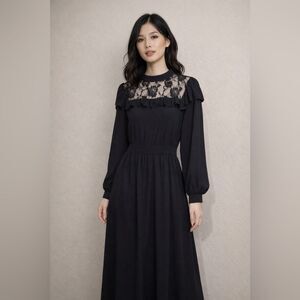Retro Black Ruffle, Lace & Puffy Sleeves Maxi Dress